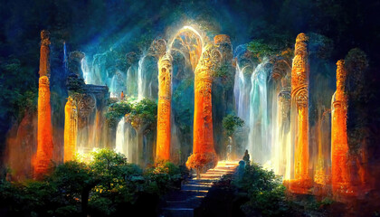AI generated image of a fantasy Elf city in the forest with trees, plants, stone stairs, arches and waterfalls - obrazy, fototapety, plakaty