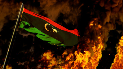 flag of Libya on burning fire bg - hard times concept - abstract 3D illustration