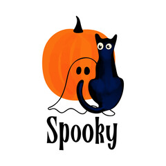 Halloween illustration with pumpkin, ghost and black cat with text Spooky isolated on white background