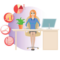 Accounting and analysis in work leads to success, business woman, office, computer, girl, office work, job, desk, intensive work, lady, infographics