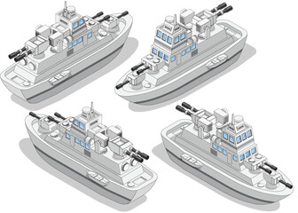 A set of warships. Cruiser. Isometric. Isolated on white background. Vector illustration. © caryblade
