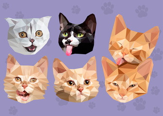 Set collection of different cat muzzle breeds face. Isolated low poly polygonal vector graphic. Kitten illustration. Purple background with paws. Cute little kittens muzzle. 