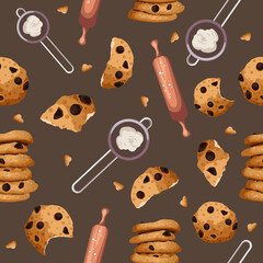 Vector seamless pattern for print, bakeries, textile, banners, design. Flat illustration of chocolate cookies with crumbs, rollig pins and flour sieve isolated on brown background.