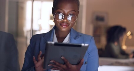 Black woman, tablet and business in office at night working overtime, corporate deadline or online research. Social media, internet surfing and female from Nigeria on 5g digital tech in dark office. - Powered by Adobe