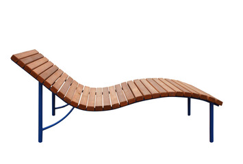 Wooden beach chaise longue isolated on white background. Curved Beach sunbed. Side view.