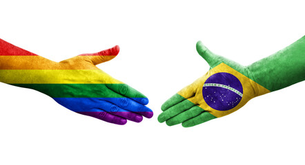 Handshake between Brazil and LGBT flags painted on hands, isolated transparent image.