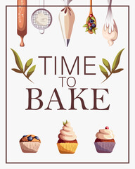 A4 template flyer for bakeries, shops, menu, banners, posters. Vector illustration Kitchen utensils, Cupcakes muffins.Leaves and copy-space in the middle. Frame around the edges. On white background.
