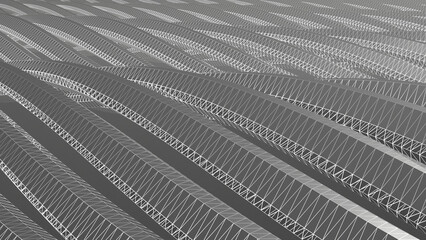 3D grayscale rendering of rows of geometric wavy object with glowing wired overlays. A geometric abstract image for wallpaper, background, template, etc.