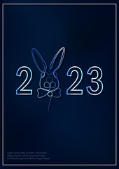 Greeting card with linear rabbit as a symbol of 2023 New Year. Water bunny as Chinese traditional horoscope sign on dark blue gradient background.  A4 postcard for Christmas holidays. Single line art