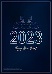 Greeting card with linear rabbits as a symbol of 2023 New Year. Water bunnies as Chinese traditional horoscope sign on dark blue gradient background.  A4 poster in continuous line art style