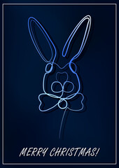 Greeting card with linear rabbit as a symbol of 2023 New Year. Water bunny as Chinese traditional horoscope sign on dark blue gradient background.  A4 postcard for Christmas holidays. Single line art