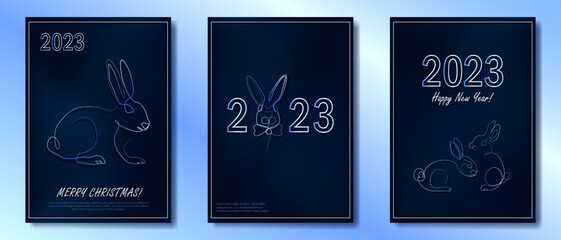 Set of three greeting cards with linear rabbit as a symbol of 2023 New Year. Bunny as Chinese traditional horoscope sign on dark blue gradient background. Single art postcards for Holidays