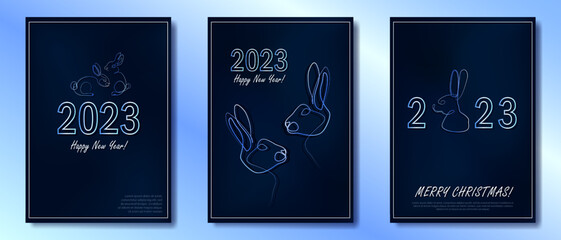 Fototapeta na wymiar Collection of three greeting cards with linear rabbits as a symbol of 2023 New Year. Bunnies as Chinese traditional horoscope sign on dark blue gradient background. Single art postcards for Holidays