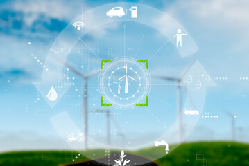 wind turbine farm with blue sky with earth safe and clean power infographic