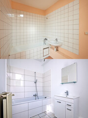 Before and after view of a freshly renovated bathroom