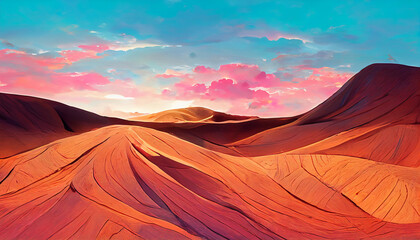 Naklejka na ściany i meble Bright fuchsia terracotta sand in the desert sunset background. Vivid colors digital illustration