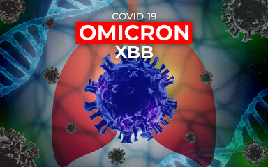 Covid 19 virus,SARS-CoV-2 Coronavirus variant omicron XBB. Microscopic view of infectious virus cells in lungs .3D rendering - obrazy, fototapety, plakaty