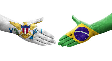 Handshake between Brazil and Virgin Islands flags painted on hands, isolated transparent image.