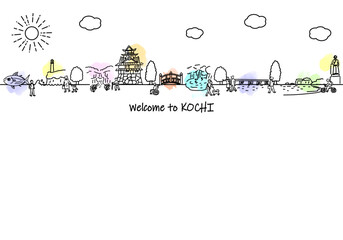 手書きの高知県の街並みと人々のシンプル線画 © RURIBYAKU