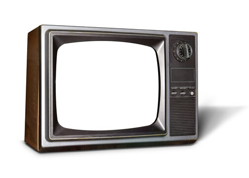 Old TV vintage, tv tube television in wood case tv electric home use equipment. isolated on white  background. This has clipping path. 