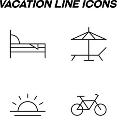 Minimalistic outline signs drawn in flat style. Editable stroke. Vector line icon set with symbols of bed, deckchair, lounger, sun over sea, bicycle