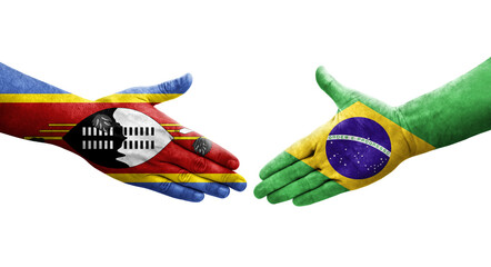 Handshake between Brazil and Eswatini flags painted on hands, isolated transparent image.