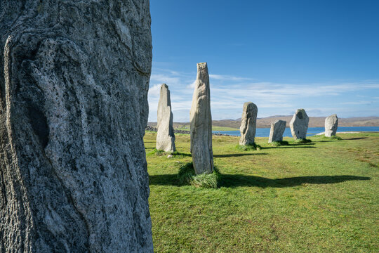 Callanish standing stones, neolithic monument, Isle of Lewis, Scotlad, UK, showing stone number 51 in the foreground and (left to right) 49, 50, 20, 21 and 22