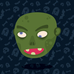 Vector illustration of cartoon green zombie. Colored background, element for Halloween. Creepy, scary, spooky. Human face. 
