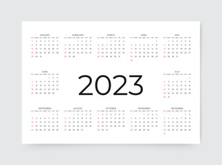 Calendar for 2023 year. Yearly calender organizer. Week starts Sunday. Grid template with 12 months. Calendar layout in minimal horizontal design. Landscape orientation, English. Vector illustration.
