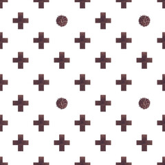 Fototapeta na wymiar geometric watercolor seamless patten, repeat black cross and dots on white background, scandinavian style, ornament for baby products, wallpaper, wrapping paper, scrapbooking