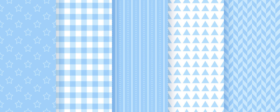 Scrapbook seamless pattern. Blue baby boy backgrounds. Set baby shower textures with polka dots, sripes, stars, check and herring bone. Wrapping prints. Retro pastel backdrops. Vector illustration.