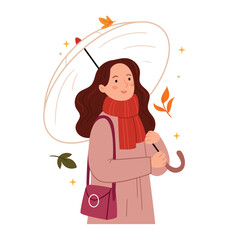 Girls in autumn clothes stroll with a transparent umbrella. Autumn mood. Rainy weather.