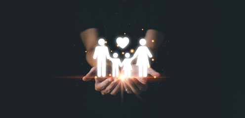 Man protect my family. Heart and family icon on hand. Family day concept. - obrazy, fototapety, plakaty