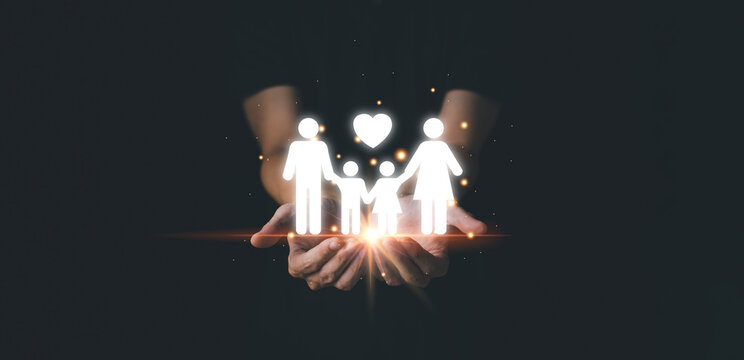 Man Protect My Family. Heart And Family Icon On Hand. Family Day Concept.