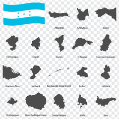 Eighteen Maps provinces of Honduras - alphabetical order with name. Every single map of province are listed and isolated with wordings and titles.  Honduras. EPS 10. 