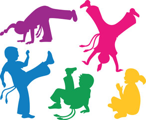 Kids doing capoeira movements, infant training. Boys and girls silhouettes vector icon illustration