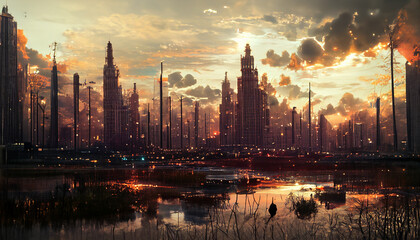 Fototapeta na wymiar Big modern industrial city at sunset background. Smoke pollution digital illustration