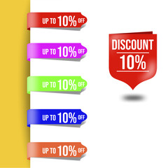 Set vector illustration ribbon of discount and up to 10% off. Perfect for use on banners, design set elements, design assets and digital sales