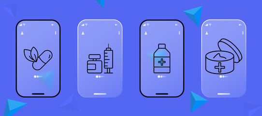 Medicine set icon. First aid kit, briefcase, fracture, doctor, pharmacy, dressing, ambulance, dropper, injection, plaster, heart. Health care concept. Glassmorphism. UI phone app screen