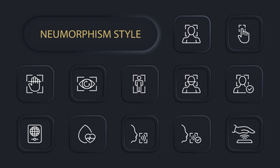 Identification set icon. DNA, rna, face recognition, two factor verification, fingerprint, passport, voice, biometrics, pulse, face ID. Authentication concept. Neomorphism style. Vector line icon