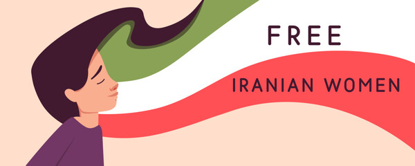 Sad crying Iranian young girl with closed eyes, long flying cuted hair colored in national flag color banner design. Freedom to women in Iran. Protest concept. Union, straggle and feminism movement