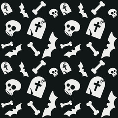 Vector seamless pattern with skull, skeleton, bat, bone, grave. Scary, creepy style for Halloween. Template for design, decor and print. Black and white theme.