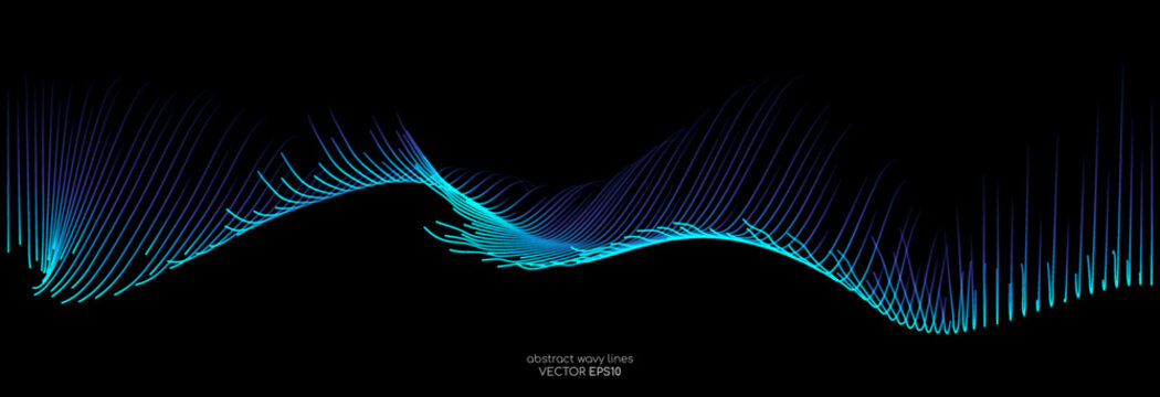 Vector wave lines smooth flowing dynamic blue green gradient light isolated on black background for concept of technology, digital, communication, science, music