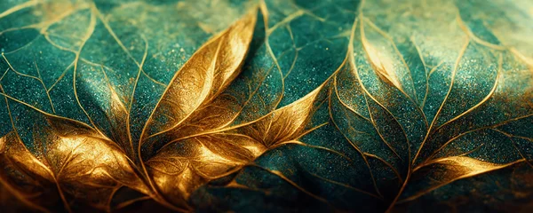 Fotobehang Spectaculaire realistische gedetailleerde aders en half groen en goud abstract close-up, blad bedekt met goudstof. Digitale 3D illustratie. Macro-kunstwerk. © Summit Art Creations