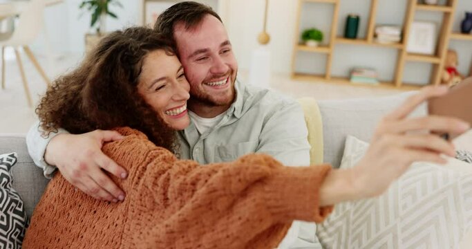 Couple, phone selfie and home memories laughing, love and relax during free time and bonding on sofa in loving room. Happy man and woman taking profile picture for social media in Australia house