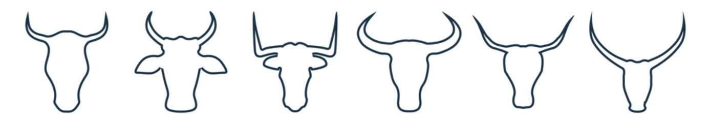 Bull and cow head line art. Silhouette of Bull and cow head with big horn vector
