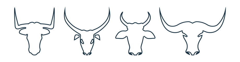Bull and cow head line art. Silhouette of Bull and cow head with big horn vector
