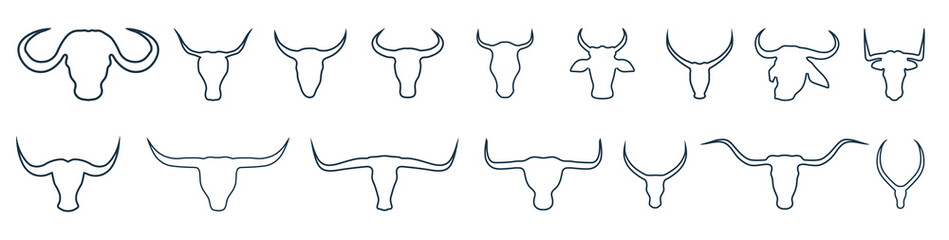 Bull and cow head line art. Silhouette of Bull and cow head with big horn vector