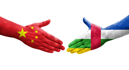 Handshake between Central African Republic and China flags painted on hands, isolated transparent image.