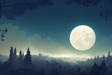 Full moon shines over a fantasy forest.